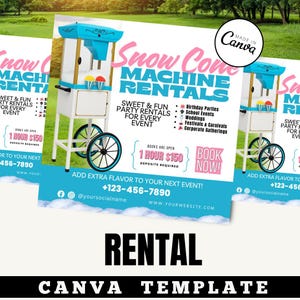 Peut inclure: Flyer promotionnel pour la location de machines à granités. La conception présente une machine à granités bleue et blanche, avec du texte en rose et bleu. La brochure fait la promotion des locations pour divers événements.