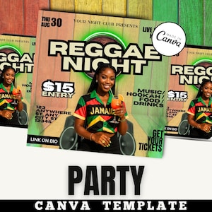 Reggae Club Night Flyer Template for Canva | IG Post | Editable Caribbean Party Flyer | Dancehall, Afrobeat, Island Vibes Event Promo