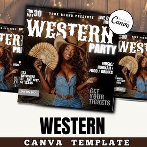 Op de afbeelding: Een flyer voor een Western-feest met een vrouw die een cowboyhoed en een denim top draagt. De flyer heeft de tekst "Western Party" in grote, vetgedrukte letters. De flyer bevat ook de tekst "Muziek/Shisha/Eten/Drankjes" en "Haal je tickets".