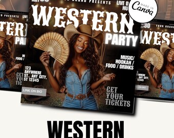 Könnte beinhalten: Ein Flyer für eine Western-Party mit einer Frau, die einen Cowboyhut und ein Jeans-Oberteil trägt. Der Flyer hat den Text "Western Party" in großen, fetten Buchstaben. Der Flyer enthält auch den Text "Musik/Shisha/Essen/Getränke" und "Holen Sie sich Ihre Tickets".