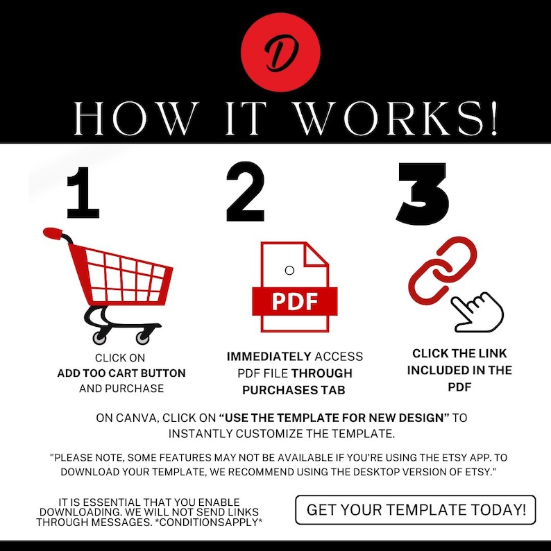 May include: Graphic with the text "HOW IT WORKS!" and numbered steps. Includes a shopping cart, a PDF icon, and a link icon. Instructions include "ADD TOO CART BUTTON", "PDF FILE", and "CLICK THE LINK". The image also includes the text "GET YOUR TEMPLATE TODAY!"