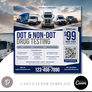 May include: A promotional flyer template for lab services featuring a fleet of trucks and vans at the top. The text reads DOT & NON-DOT DRUG TESTING, SPECIAL $99 PER TEST, and includes a QR code, service list, phone number 123-456-7890, and email.