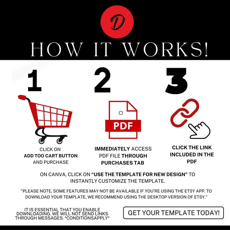 May include: A graphic illustrating a process with the text "HOW IT WORKS!". It features numbered steps: a red shopping cart, a PDF icon, and a link icon. Instructions include "ADD TOO CART BUTTON", "PDF FILE", and "CLICK THE LINK".