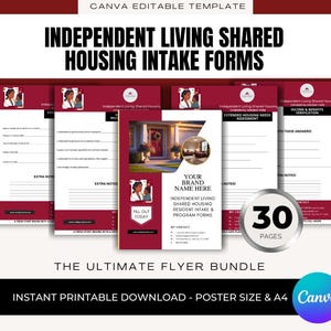 Peut inclure: Un ensemble de formulaires imprimables pour le logement partagé en autonomie, avec un design rouge et blanc. Les formulaires comprennent des documents d'admission, d'évaluation et de vérification. Le lot comprend 30 pages.