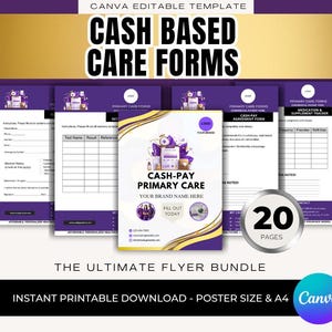 Könnte beinhalten: Ein Bundle von 20 druckbaren Formularen für die Bargeld-basierte Pflege. Die Formulare sind in Lila und Weiß gehalten und tragen die Aufschrift "CASH BASED CARE FORMS" und "CASH-PAY PRIMARY CARE". Das Bundle enthält einen Flyer mit dem Text "FILL OUT TODAY".