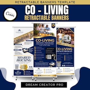 Puede incluir: Tres banners retráctiles con el texto "CO-LIVING" y "SHARED HOUSING". Los banners presentan imágenes de casas y personas, con información sobre programas de vivienda. Los banners están sobre un fondo blanco.