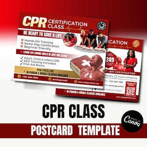 Puede incluir: Una plantilla de postal para clases de certificación de RCP con un diseño rojo y blanco. La postal incluye texto como "Prepárate para salvar una vida" y "Entrenamiento práctico". También presenta imágenes de personas practicando RCP.