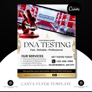 May include: A promotional flyer for DNA testing services. The design features a red microscope, a laboratory scene, and the words "DNA TESTING" in large text. The flyer lists services and contact information.