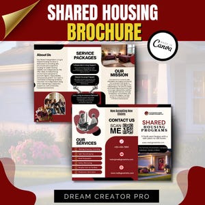 May include: A brochure titled "SHARED HOUSING BROCHURE" with a red and white color scheme. The brochure includes sections on service packages, mission, and contact information. The Canva logo is visible in the upper right corner.