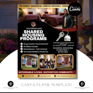 May include: A black and burgundy flyer promoting shared housing programs for formerly incarcerated, homeless individuals, and seniors. The flyer includes the text "Shared Housing Programs", "Affordable Living, Supportive Community", and contact information. The flyer also includes images of people and rooms.