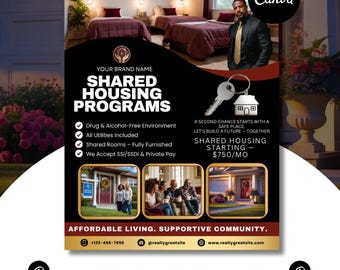 Shared Housing Flyer Template | Affordable Living Canva Flyer | Transitional Housing Room Rental Ad |  Editable Design