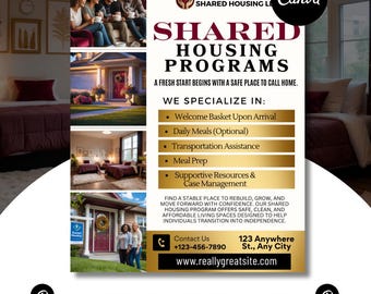 Shared Housing Flyer Template | Affordable Living Canva Flyer | Transitional Room Rental Ad |  Editable Design