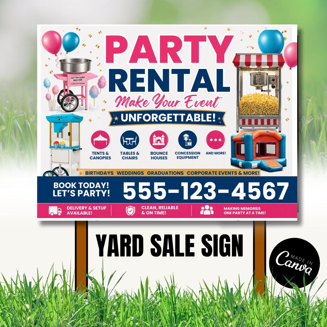 Pageant Rental Sign Pictures Party Rentals Yard Sign Template | Event Rental Business Sign | Bounce ...