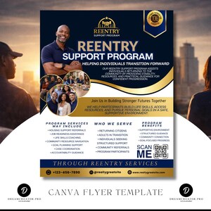 Könnte beinhalten: Ein marineblauer Flyer mit goldenen Akzenten, der ein Wiedereingliederungs-Unterstützungsprogramm bewirbt. Der Flyer enthält den Programmnamen, ein Foto eines lächelnden Mannes und ein Gruppenfoto. Er listet Programmdienste, Zielgruppe und Programmvorteile auf.
