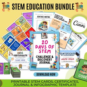 Pacote de Educação STEM | Cartões STEM para impressão, certificados, modelo de infográfico de diário | Recursos para professores em sala de aula e educação domiciliar