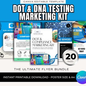 May include: A blue and white marketing kit template with the text "DOT & DNA TESTING MARKETING KIT". The kit includes multiple pages with information about testing services, compliance, and a "20 PAGES" badge.
