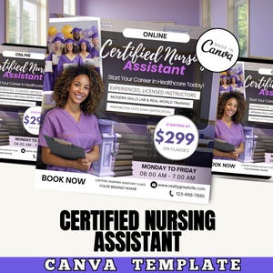 May include: A promotional graphic for a Certified Nursing Assistant program. The design features a woman in a purple scrub top, a stack of books, and text that reads "Start Your Career in Healthcare Today!" and "Book Now."