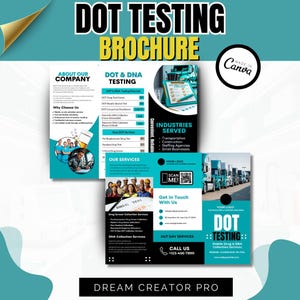 Może przedstawiać: Broszura w kolorze turkusowym i białym z napisem "DOT TESTING BROCHURE". Zawiera informacje o usługach testowania DOT i DNA, z cennikiem i danymi kontaktowymi. Broszura podkreśla również obsługiwane branże.