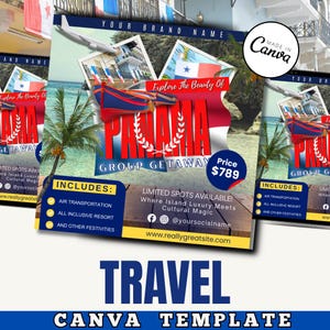 May include: A travel-themed Canva template featuring the word "PANAMA" in large red letters, with a flag design and boat illustration. Includes details about air transportation, all-inclusive resorts, and other festivities. The price is $789.
