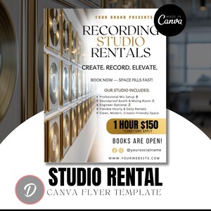 Peut inclure: Flyer promotionnel pour la location de studios d'enregistrement. Le design présente des disques encadrés en or sur un mur, avec le texte "Location de studio d'enregistrement" et "Créer. Enregistrer. Élever." Le flyer comprend les caractéristiques du studio et les coordonnées.