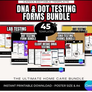 Könnte beinhalten: Ein Bundle mit druckbaren DNA- und DOT-Testformularen. Das Bild zeigt mehrere Vorlagen, darunter Labortest-Preislisten, Formulare zur Aufnahme von Drogen und DOT-Testformulare. Das Bundle enthält 45 Vorlagen und ist in Postergröße und A4 erhältlich.