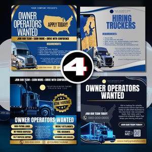 Puede incluir: Cuatro folletos promocionales para una empresa de transporte, con imágenes de semirremolques. Los folletos anuncian "Owner Operators Wanted" y "Hiring Truckers", con detalles sobre los requisitos y los beneficios. La combinación de colores es principalmente azul y dorado.
