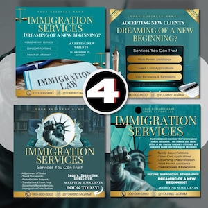 May include: Four teal and gold promotional graphics for immigration services. Each graphic features text, including "Immigration Services" and service details. One graphic shows a gavel and scales, another a laptop, and two feature the Statue of Liberty.