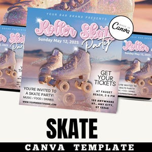 Puede incluir: Un folleto promocional para una fiesta de patinaje sobre ruedas. El diseño presenta un par de patines brillantes, las palabras "Roller Skate Party" y los detalles del evento. El folleto está ambientado en una escena de playa.