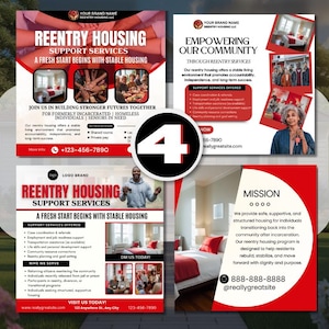 May include: Four flyers with red and white accents promoting reentry housing support services. The flyers include text, images of housing, and contact information. The theme is focused on helping individuals transition back into the community.