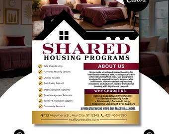 Shared Housing Flyer Template | Affordable Living Canva Flyer | Transitional Room Rental Ad |  Editable Design