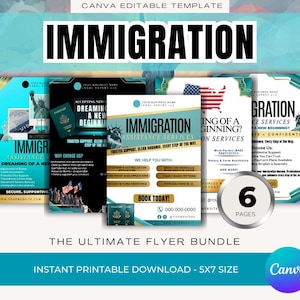 May include: A bundle of six printable immigration service flyers. The flyers feature images of the Statue of Liberty, passports, and the American flag. The text includes "Immigration Assistance Services" and "Instant Printable Download - 5x7 Size."