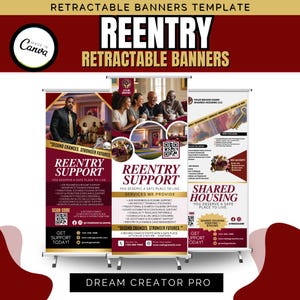 Puede incluir: Tres banners retráctiles con el texto "REENTRY" y "SHARED HOUSING". Los banners presentan imágenes de personas y texto sobre servicios de apoyo. Los banners están sobre un soporte de metal blanco con un fondo granate.