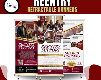 Banner retráctil para vivienda compartida de reingreso / Letreros enrollables para vivienda de transición / Apoyo para la reingreso en viviendas asequibles Canva / Servicios del programa
