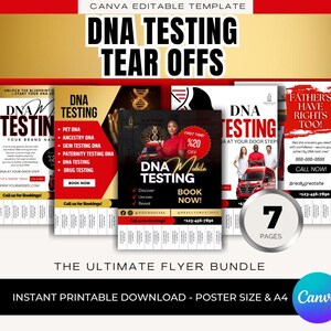 May include: A bundle of seven DNA testing tear-off flyers with a red, black, and gold color scheme. The flyers advertise various DNA testing services, including pet, ancestry, and paternity testing. The bundle is available as an instant printable download.