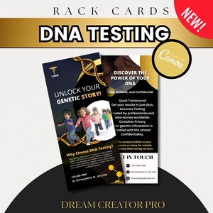 Peut inclure: Carte promotionnelle pour les services de tests ADN. Le design présente le texte "DNA TESTING" en lettres dorées, avec du texte supplémentaire faisant la promotion du service. La carte comprend des images d'enfants et un graphique de brin d'ADN.