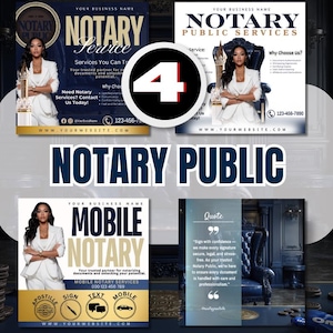 May include: Four promotional flyers for notary public services. Each flyer features a woman in a white blazer. The flyers include text such as "Notary Service", "Mobile Notary", and "Notary Public Services". The flyers are in shades of blue, gold, and white.