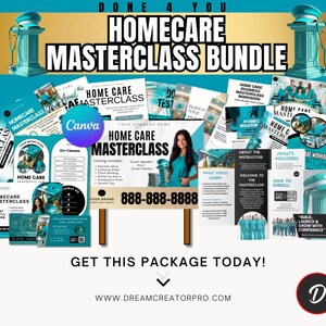 May include: A promotional image for a Homecare Masterclass Bundle. The design features various informational cards, a woman, and the text "HOMECARE MASTERCLASS BUNDLE" in large, bold letters. The color scheme is teal, white, and gold.