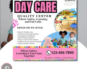May include: A pink and white flyer for a day care center. The flyer has the words "DAY CARE" in large pink letters. It lists programs offered, including infant care, preschool activities, and after-school programs. The flyer also includes a phone number.