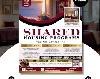 Shared Housing Flyer Template | Affordable Living Canva Flyer | Transitional Room Rental Ad |  Editable Design