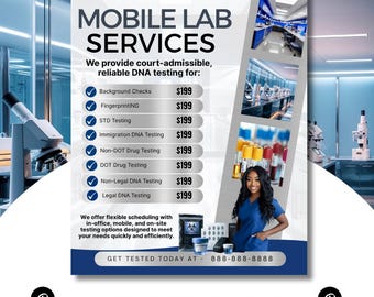 Może przedstawiać: Ulotka promocyjna usług laboratoriów mobilnych. Ulotka zawiera tekst "MOBILE LAB SERVICES" i wymienia różne usługi testów DNA. Dołączono również zdjęcie laboratorium i kobiety w niebieskim mundurze.
