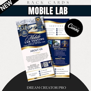 May include: A navy blue rack card with the text "MOBILE LAB" at the top. The card features information about mobile lab testing services, including "Mobile Lab Testing" and "Get Tested Today". The card also includes contact information.
