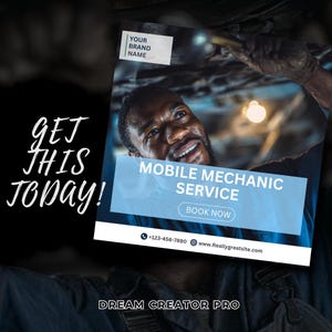 May include: An advertisement for mobile mechanic services. The image features a smiling mechanic working on a vehicle, with text that reads "Mobile Mechanic Service" and "Book Now." The ad also includes a phone number and website address.