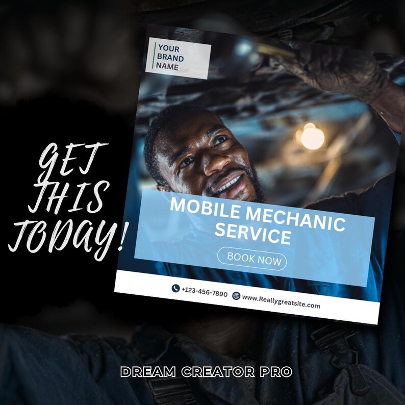 May include: An advertisement for mobile mechanic services. The image features a smiling mechanic working on a vehicle, with text that reads "Mobile Mechanic Service" and "Book Now." The ad also includes a phone number and website address.