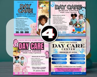 May include: Four colorful daycare center flyers with the text "DAY CARE QUALITY CENTER" and program details. Each flyer features images of children, teddy bears, and a dinosaur graphic. Contact information and website are included.