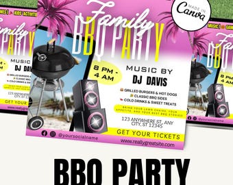 Family BBQ Party Flyer Template – Editable Summer Cookout Invitation / BBQ party Canva template / grill party invitation / picnic flyer