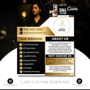 May include: A promotional flyer for a DNA testing service, featuring a woman holding a vial. The flyer lists services like drug testing, DNA testing, and background checks. Contact information and social media handles are included.