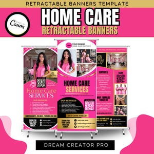May include: Pink retractable banner template for home care services. The banner features the text "Home Care Services" and includes images of caregivers and patients. The design incorporates a pink and white color scheme with a modern layout.