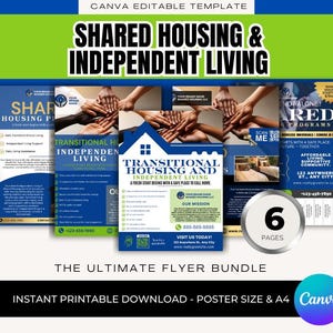 Puede incluir: Un paquete de folletos con un diseño azul y verde, que promueve la vivienda compartida y la vida independiente. El texto incluye "Shared Housing & Independent Living", "Transitional Housing" y "Red Programs". El paquete incluye 6 páginas y está disponible para descarga instantánea.