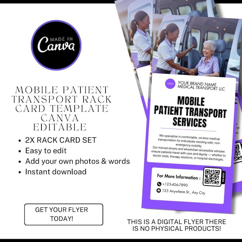 Patient Rack Card Mobile Patient Transport Rack Card Template | Editable Canva Template ...