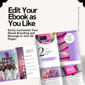 May include: A pink and purple ebook cover with the title "From Idea to Launch" and a table of contents with chapter titles like "Building the Business Plan" and "Funding Your Startup".
